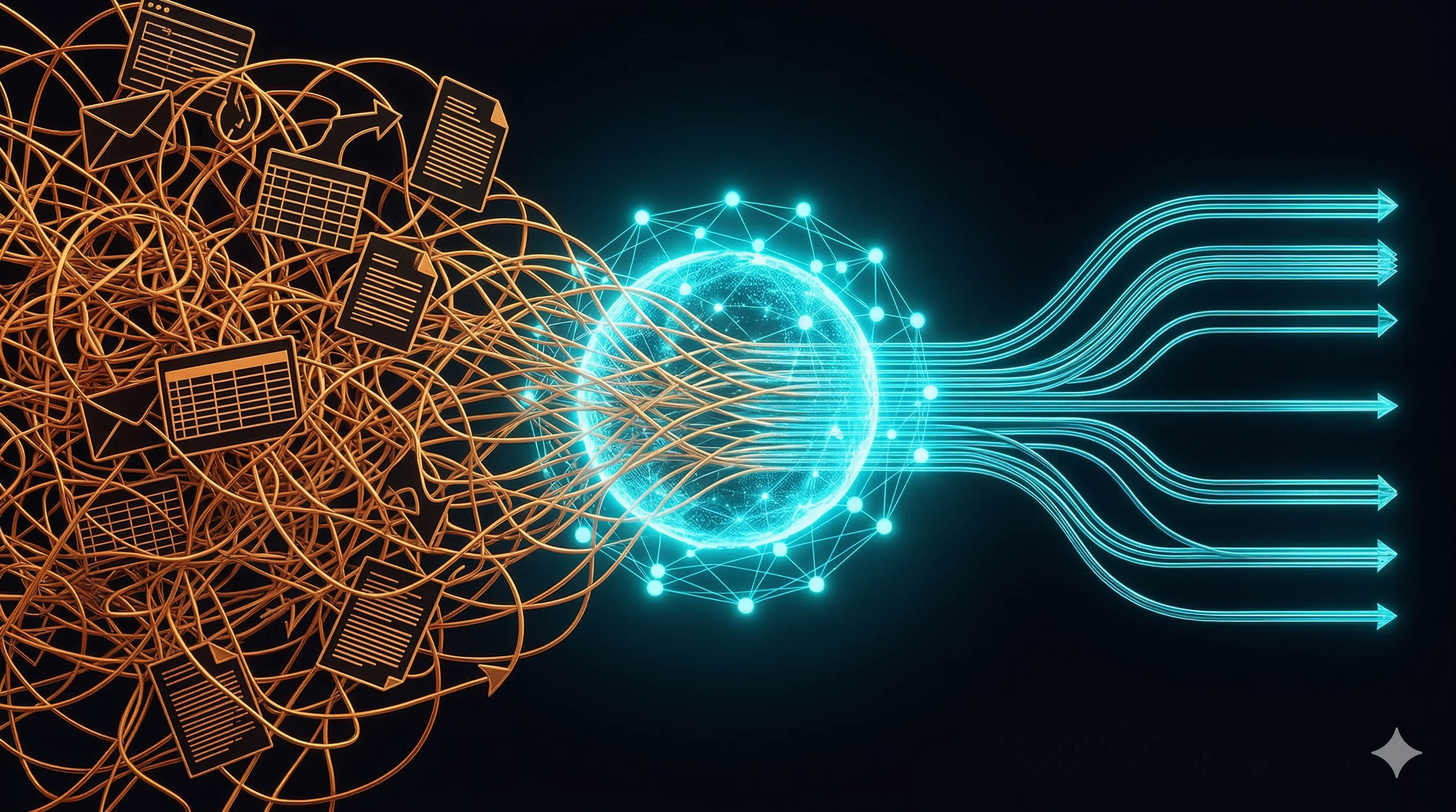 Operational friction dissolving through AI — tangled processes refined into clean, streamlined outputs
