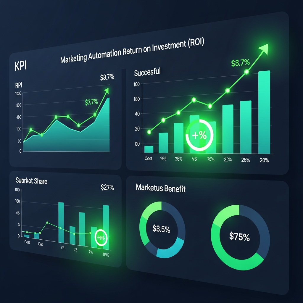 AI marketing automation ROI dashboard showing upward trending metrics
